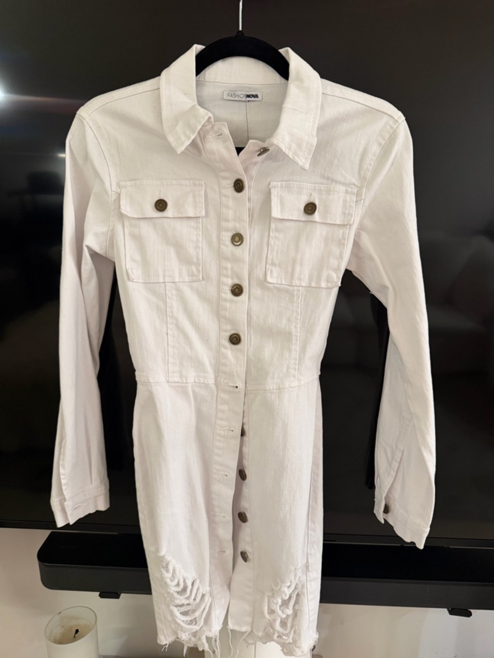 Fashion Nova White Button-Front Distressed Denim Jacket Dress
